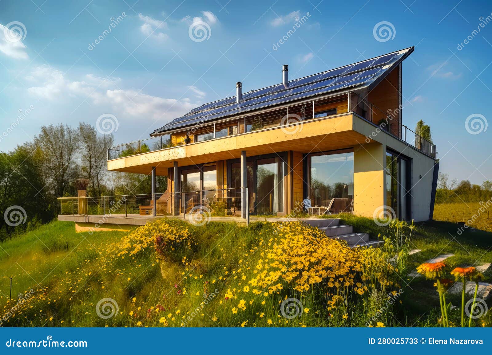 sustainable house with photovoltaic solar panels. generative ai 