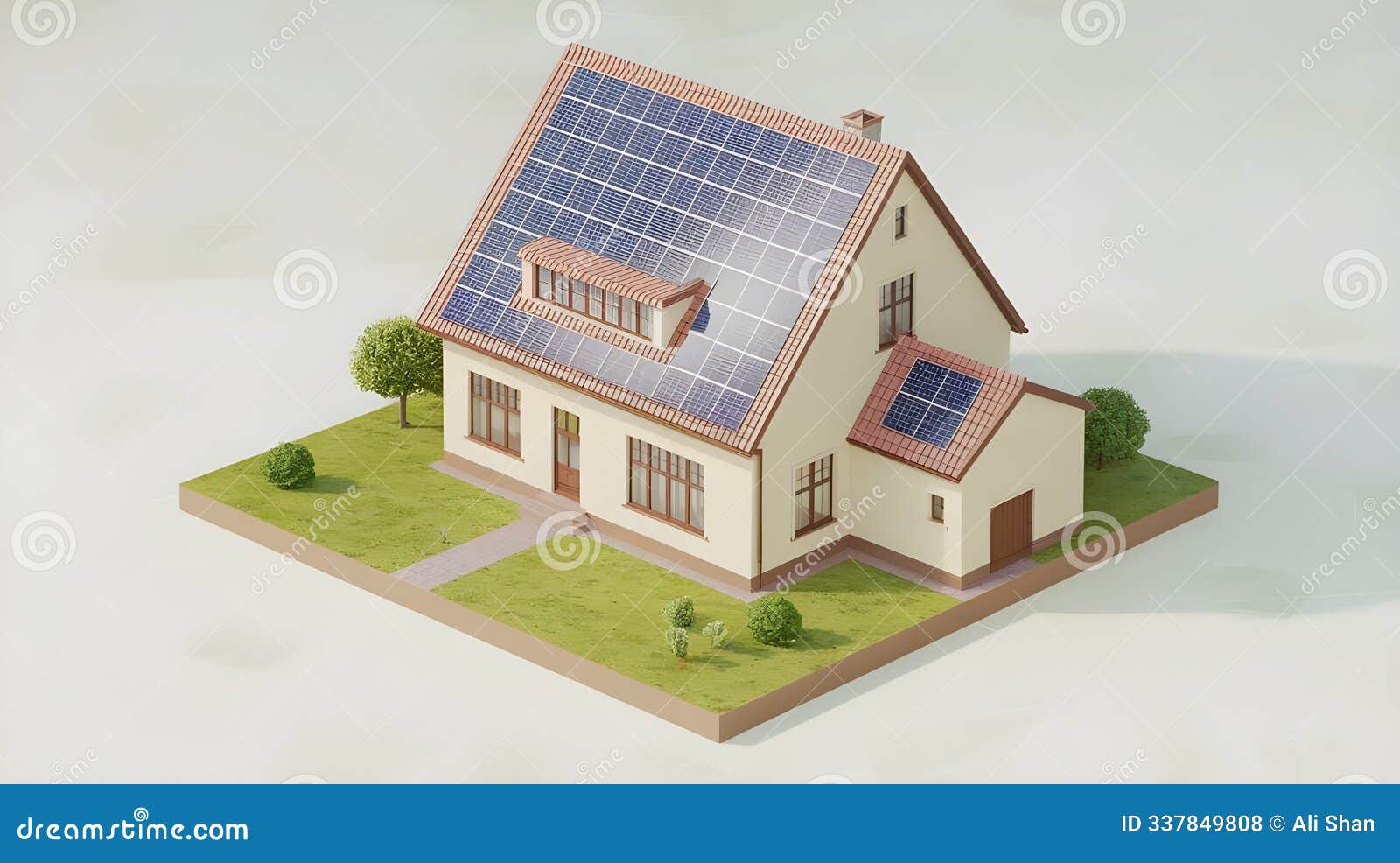 sustnable home with solar panels and garden