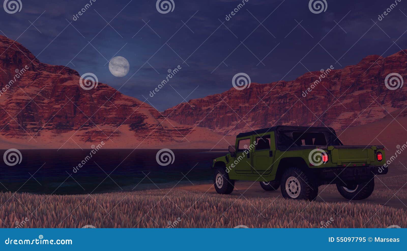  SUV on foreground, desert lake, 
