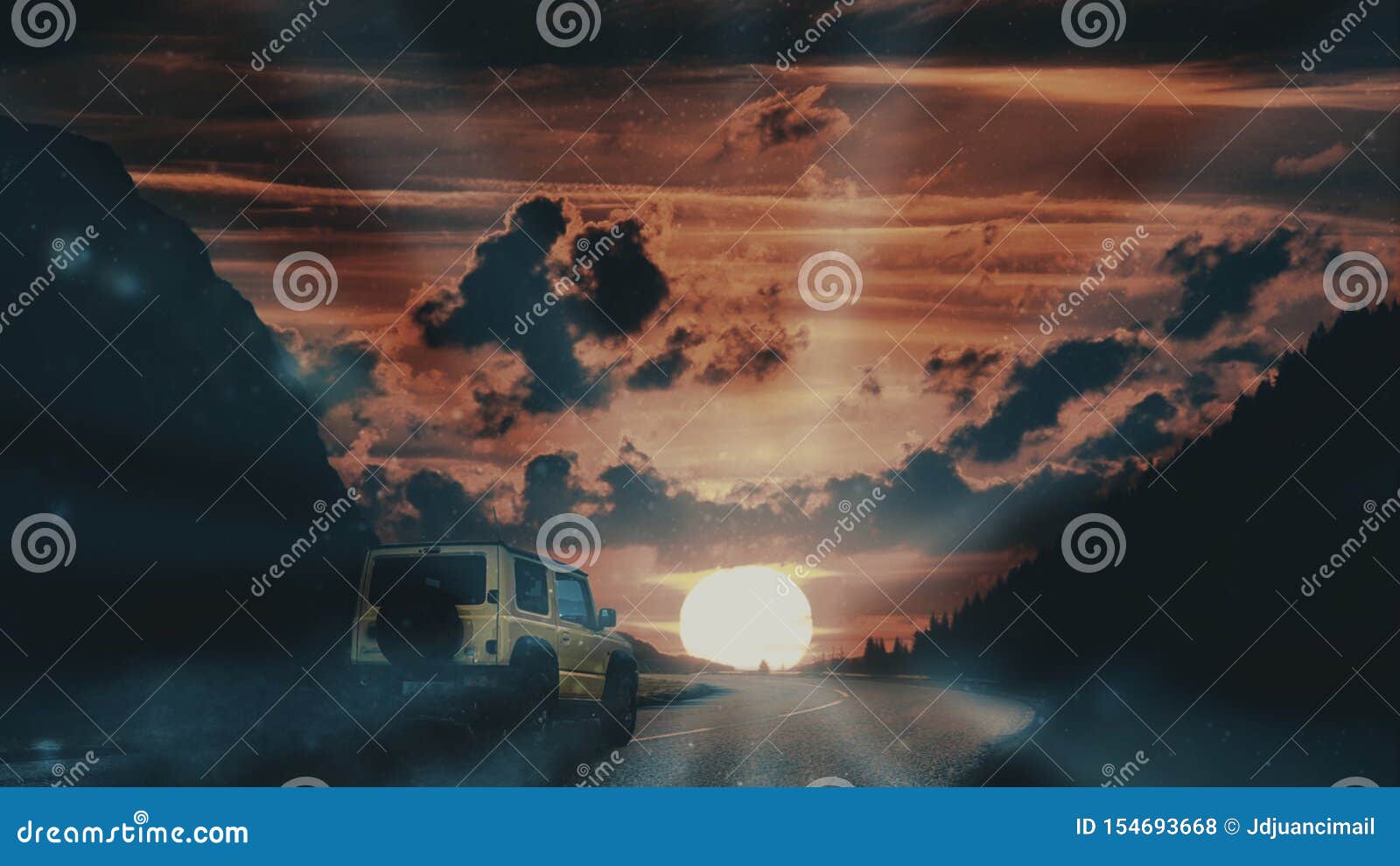 Suv Off-road Vehicle Against a Sunset Flare in the Mountain Scenic  Background. Empty Copy Space. Stock Photo - Image of morning, clouds:  154693668