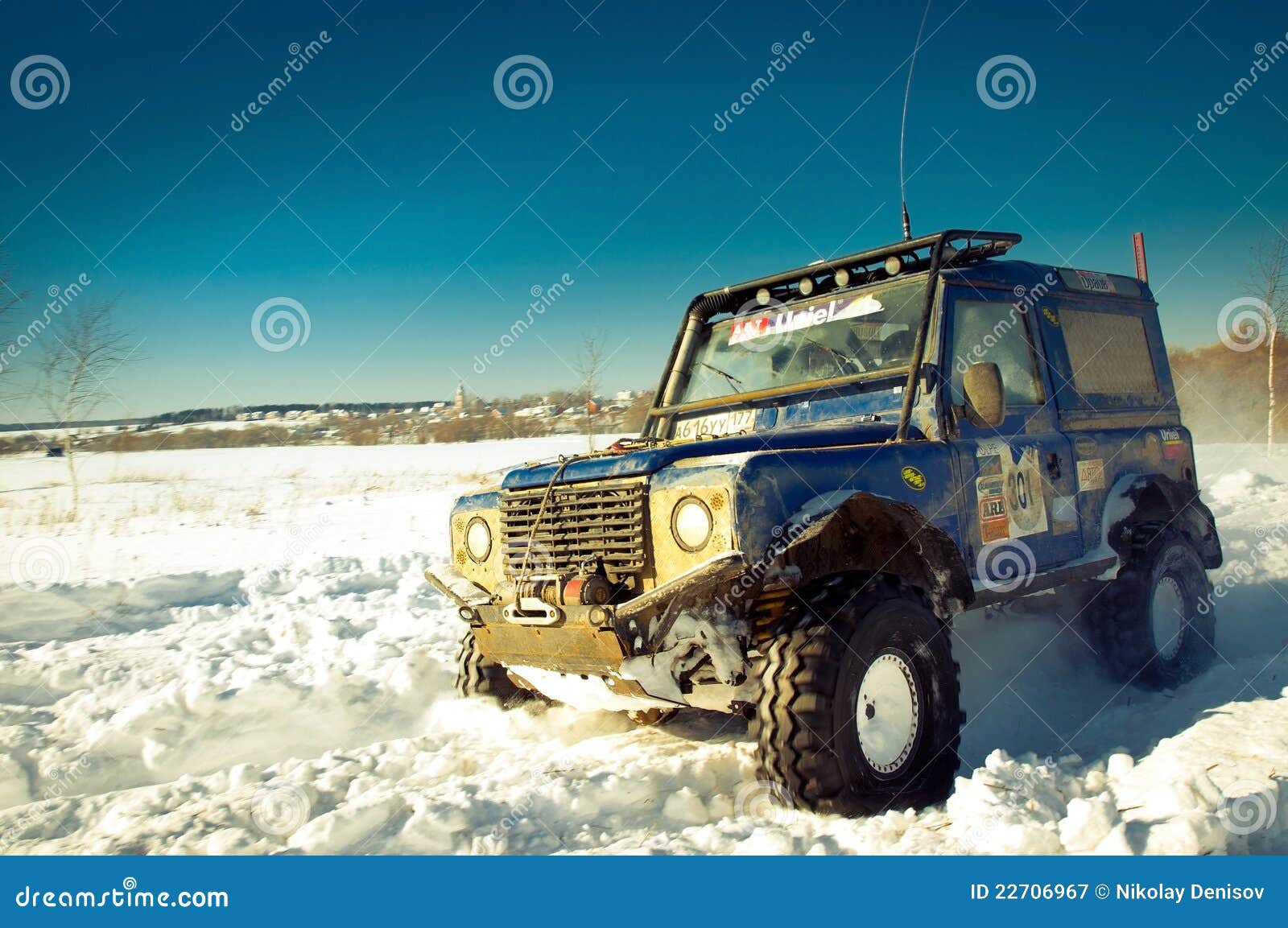 SUV on snow. Land Rover Defender 90 suv Car on background the Russian winter. February 19, 2011. Mattrazz Trophy # 18