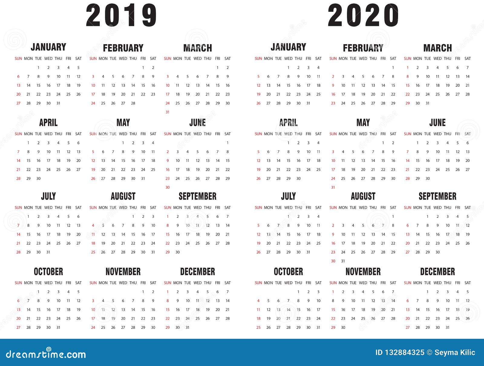 Svartvit Kalender 2019 2020 Vektor Illustrationer Svartvit Kalender 2019 2020 Vektor Illustrationer