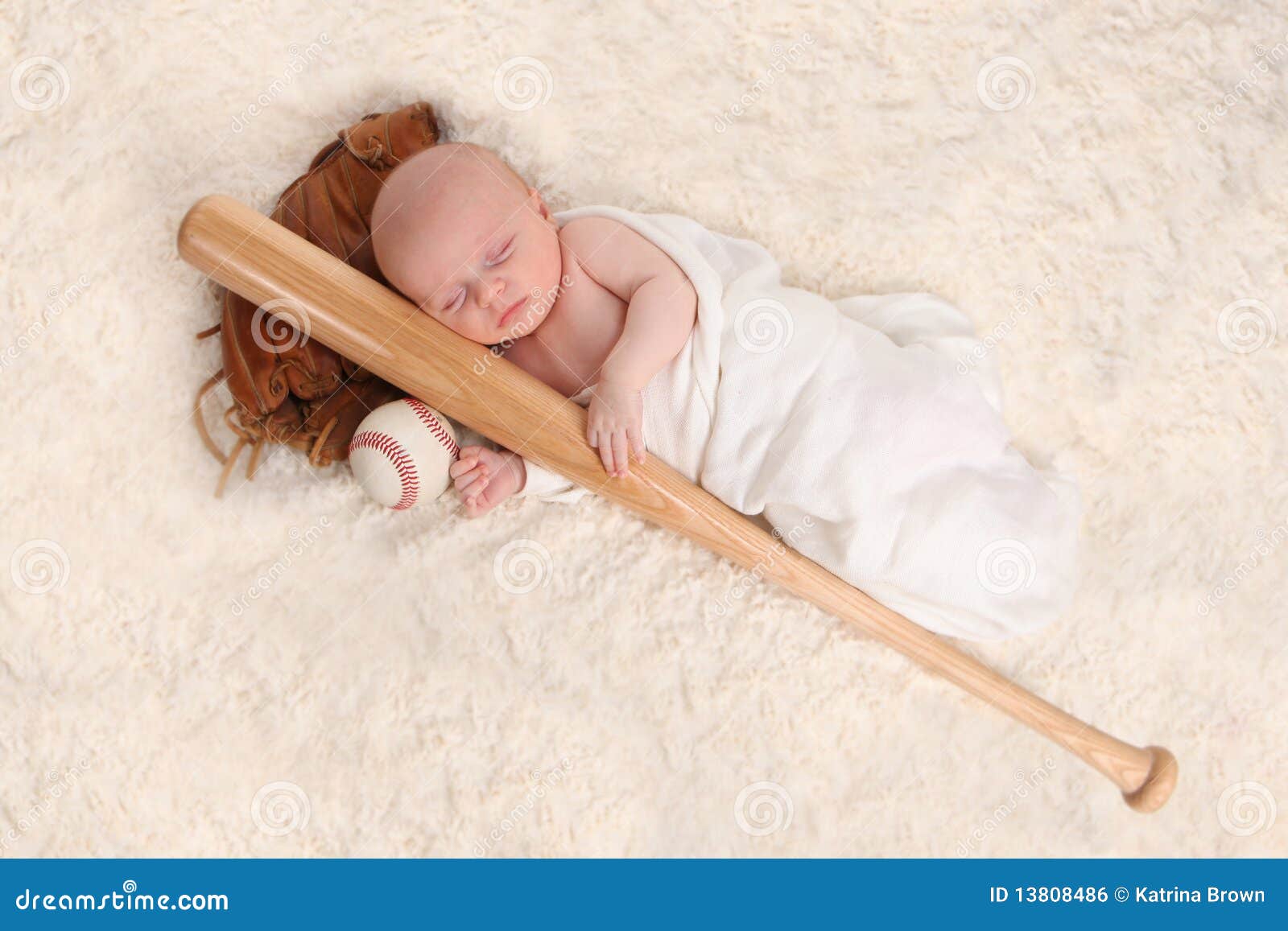 Swaddled Sleeping Baby Boy with a Baseball Bat Stock Photo Image of person, portrait 13808486