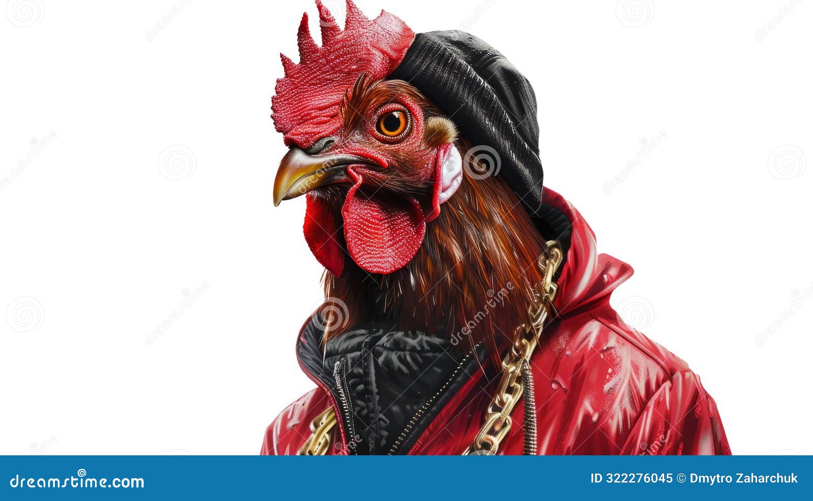 a swaggering rooster in a red tracksuit and black beanie, gold chain dangling, challenging stare