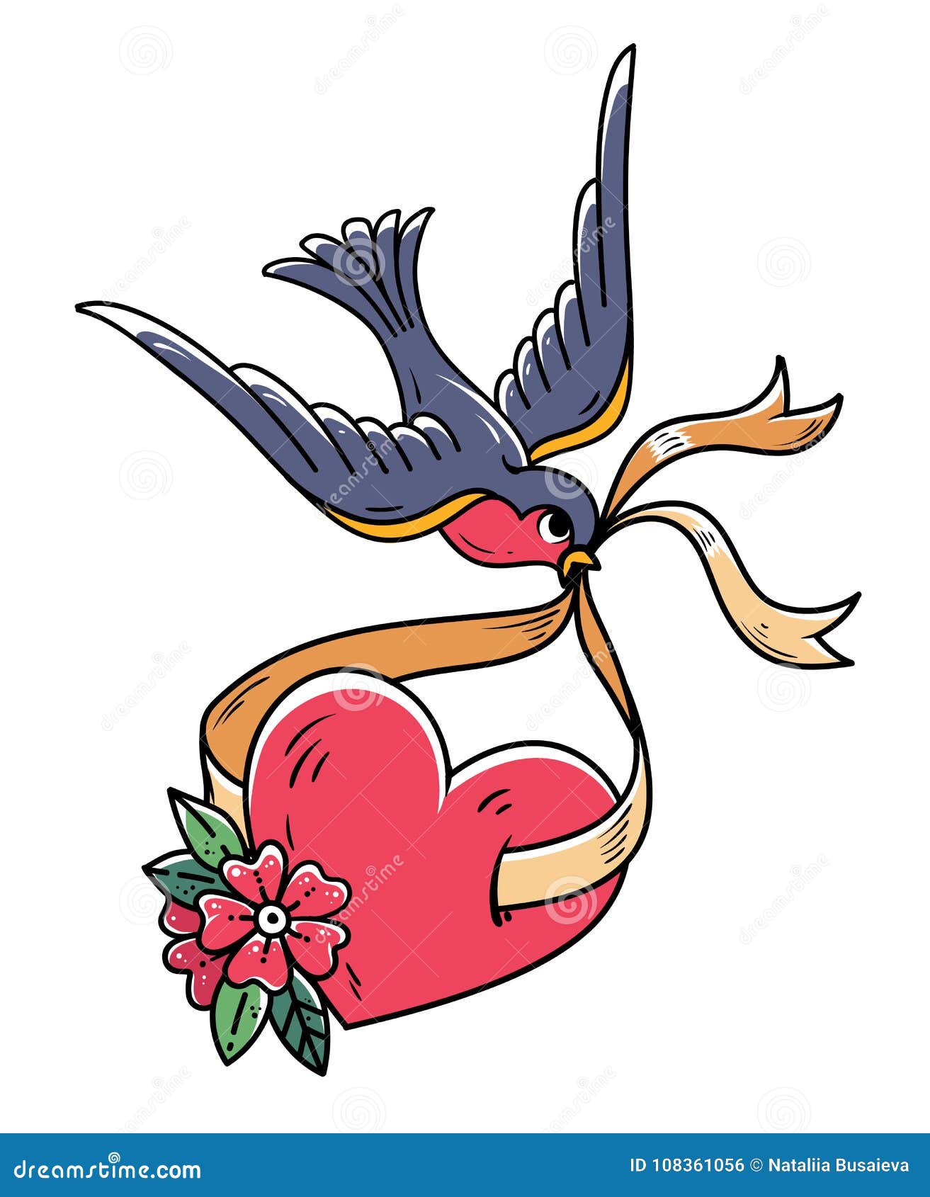 Bluebird Carries Over Red Heart on Ribbon. Tattoo Heart with Flowers and Bird. Symbol of Luck. Old School Style. Stock Vector - Illustration of decorative, retro: 108361056