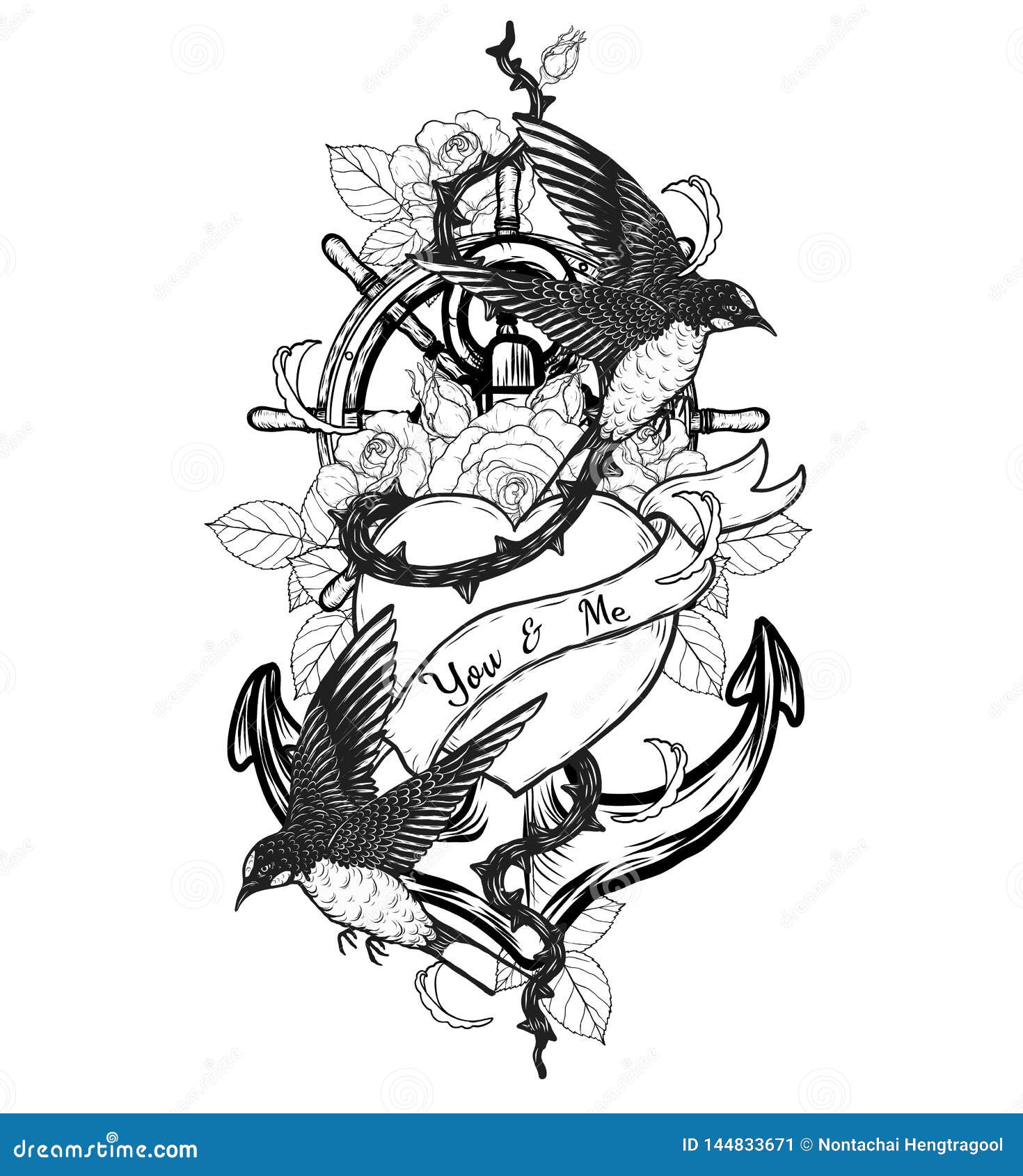 Swallows with Heart Vector Tattoo by Hand Drawing Stock Vector ...