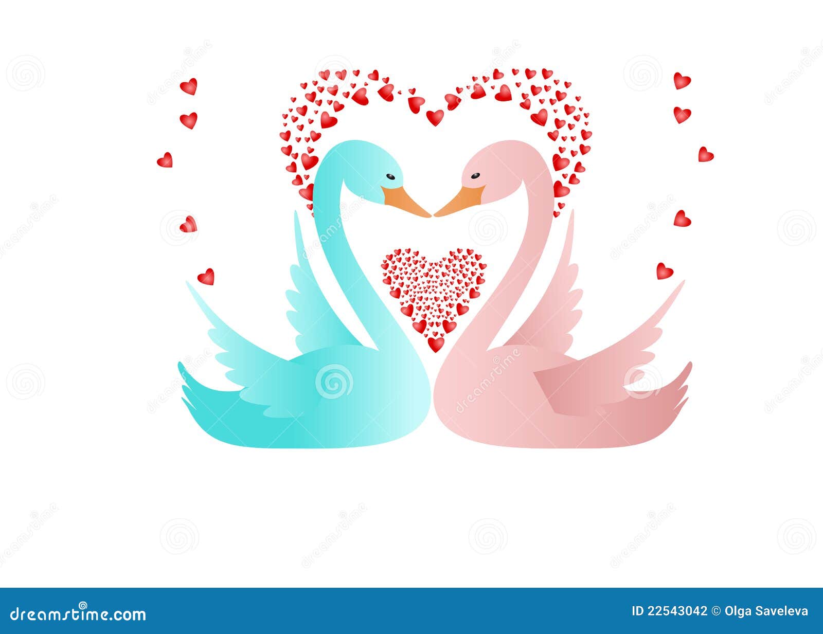 Swans in love. Blue and pink swans with red hearts on white background