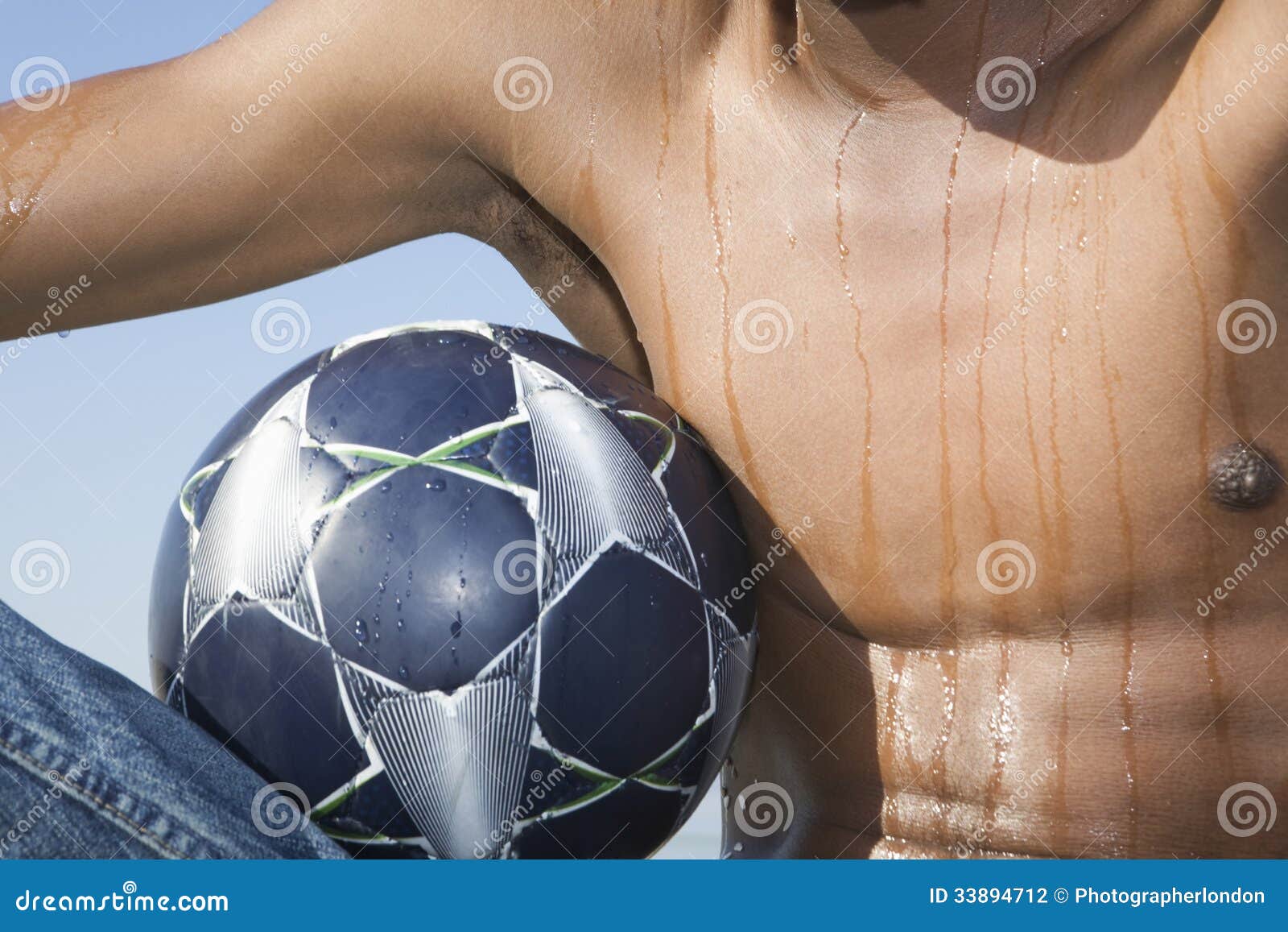 Sweaty Man S Torso with Soccer Ball Stock Photo Image of shirtless