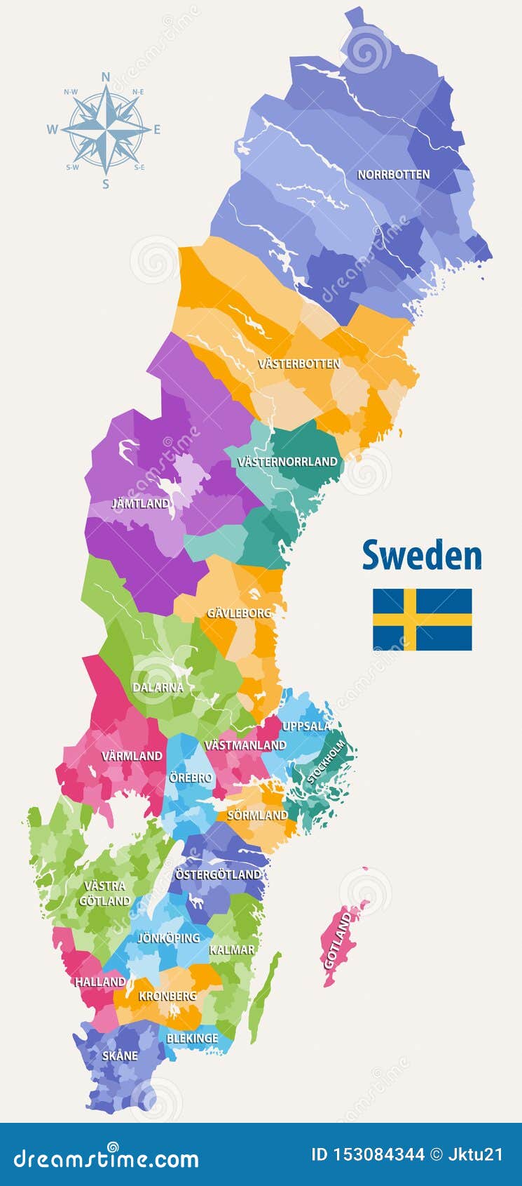 Vector Map of Sweden Municipalities Colored by Counties Stock Vector