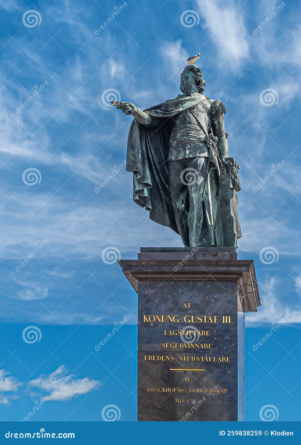 gustav iii statue on pedestal, skeppsbron quay, stockholm, sweden