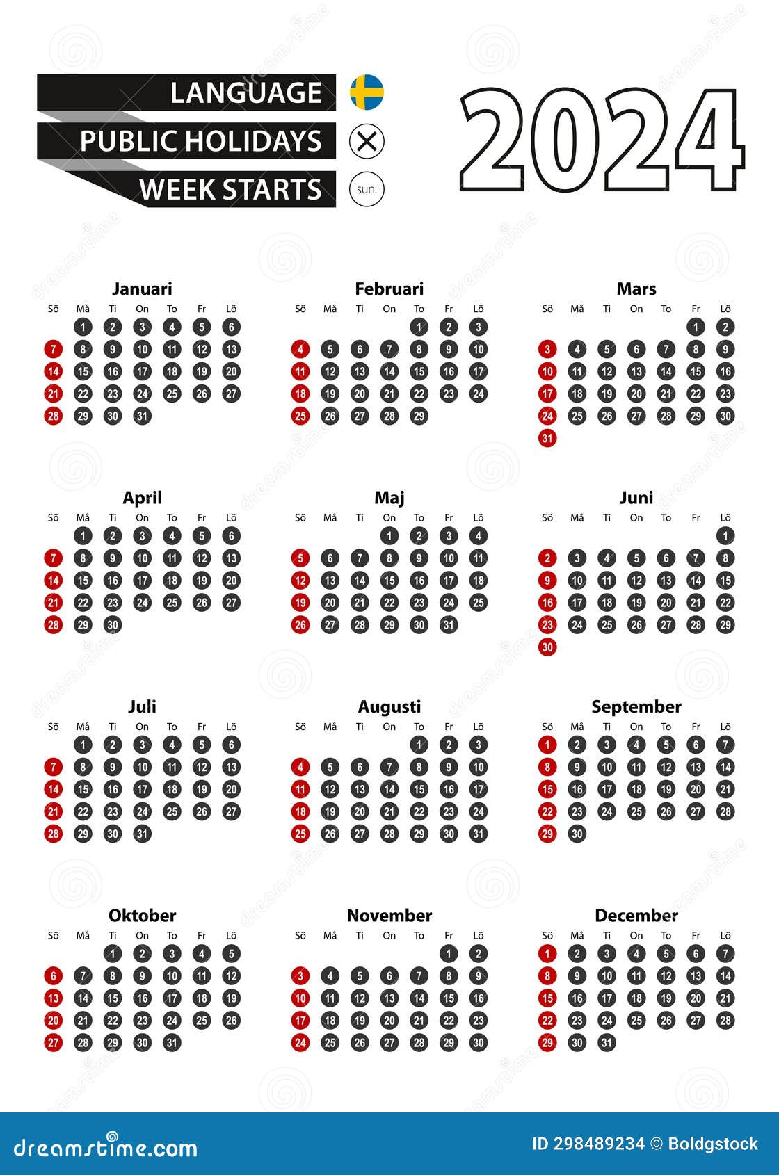 Swedish Calendar 2025 with Numbers in Circles, Week Starts on Sunday