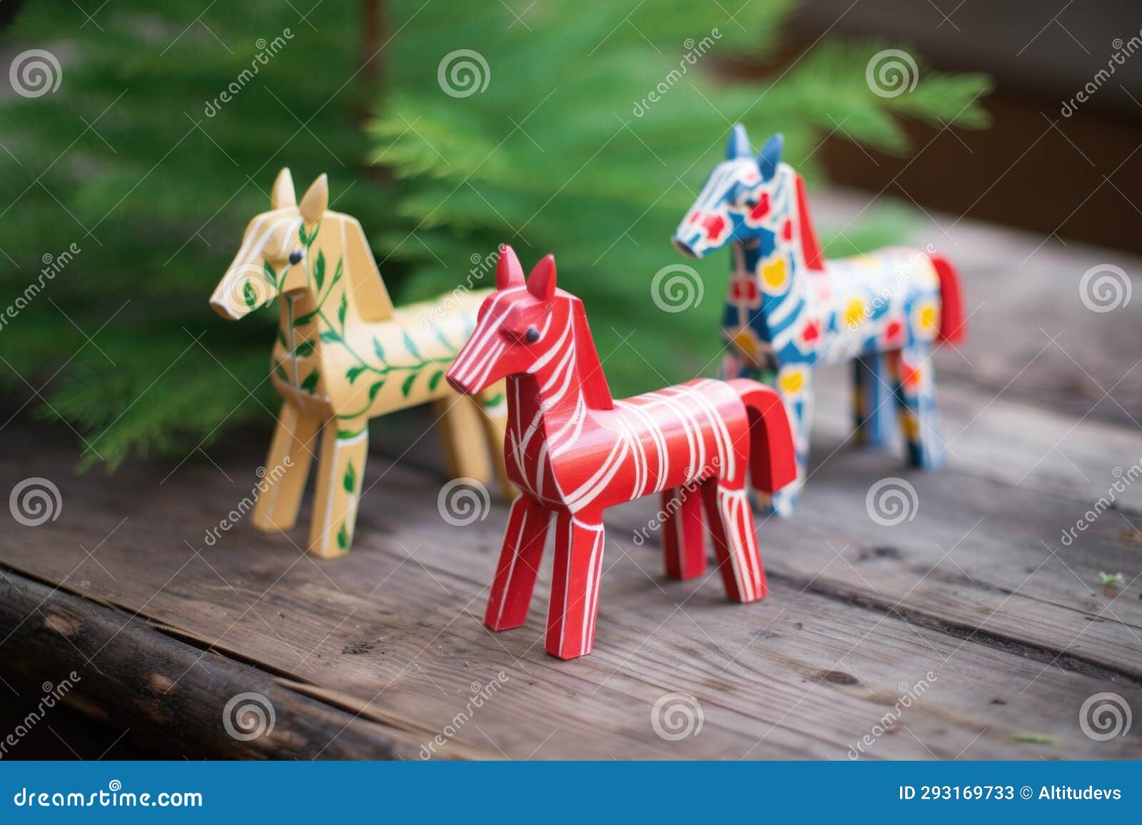 Swedish Dala Horses on a Pine Wood Surface Stock Image Image of