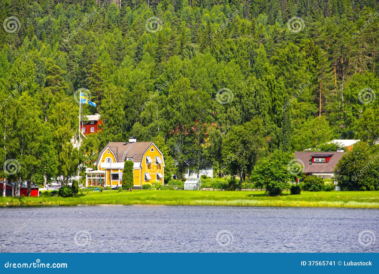 Swedish houses near lake stock image. Image of blue, forest 37565741