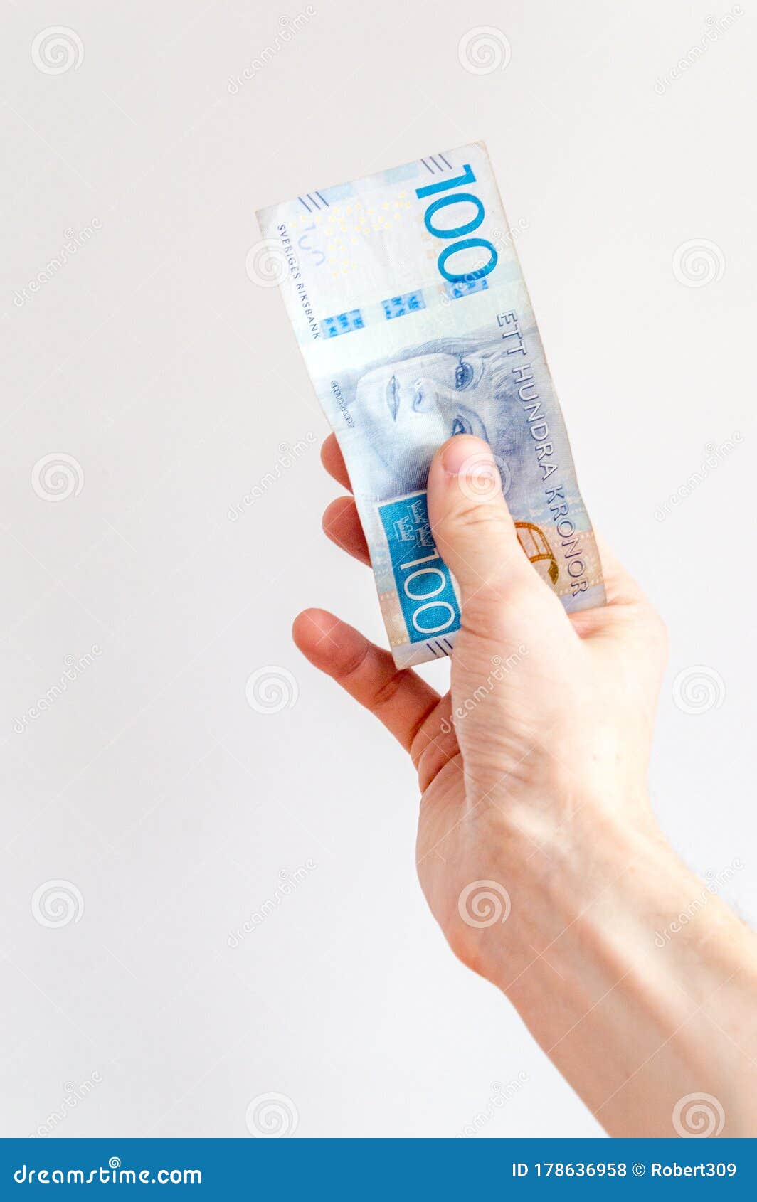 100 swedish krona banknote in hand. swedish bank note with portrait of greta garbo