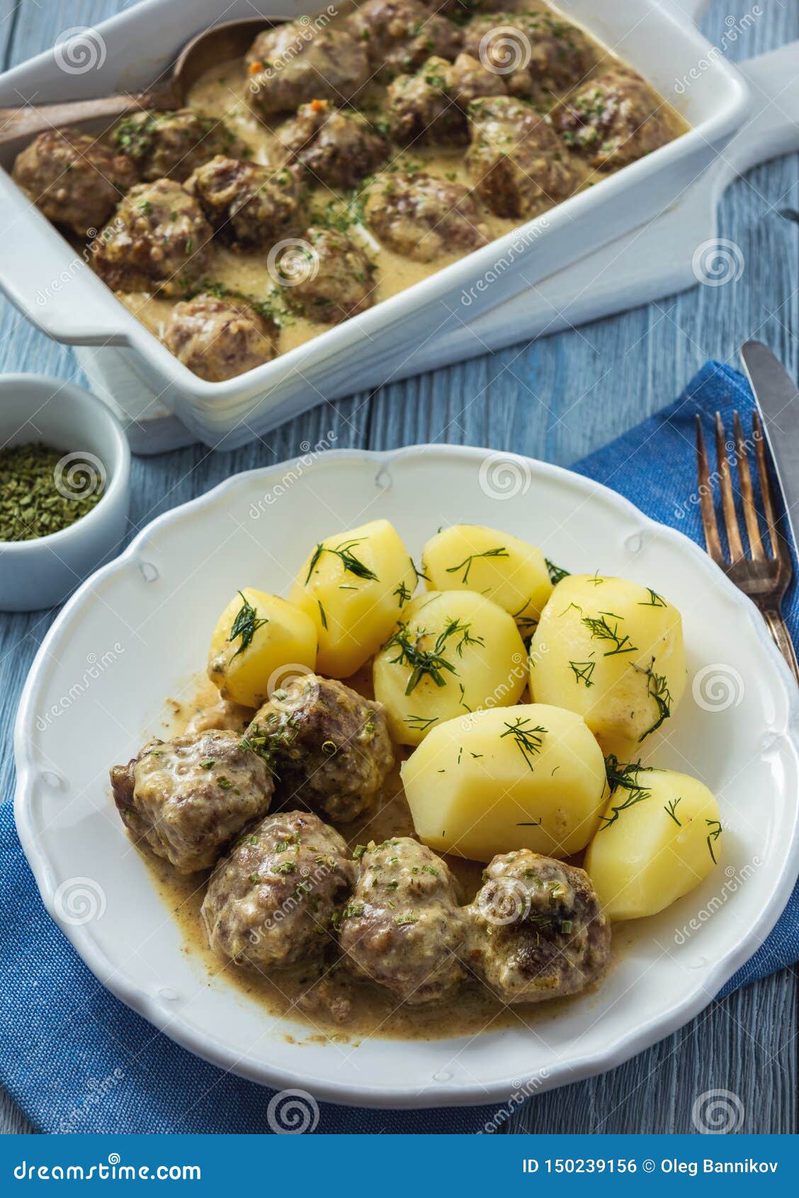Swedish Meatballs with Creamy Gravy and Boiled Potatoes. Stock Photo ...