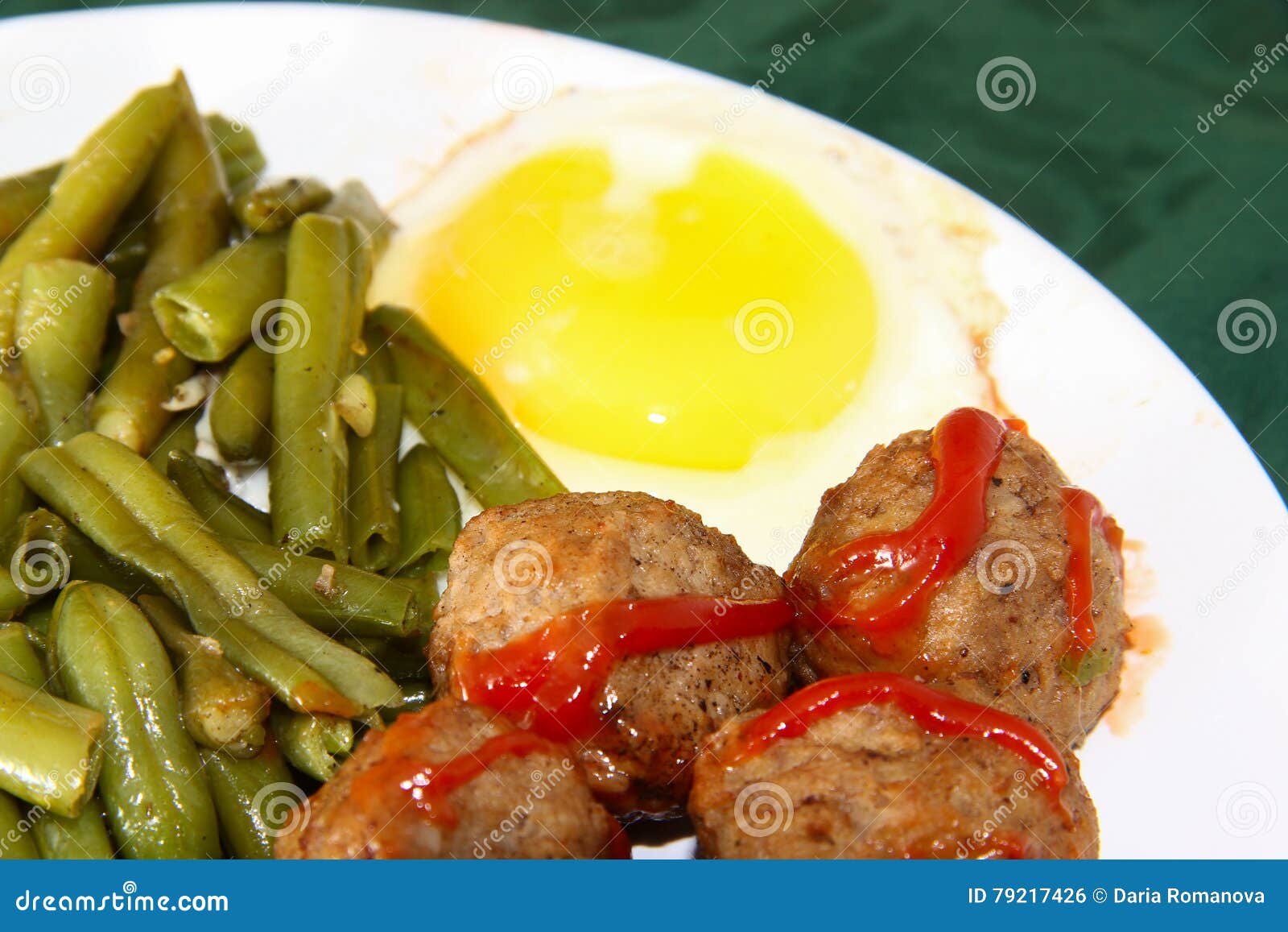 Swedish Meatballs with Green Beans and Scrambled Eggs Stock Photo