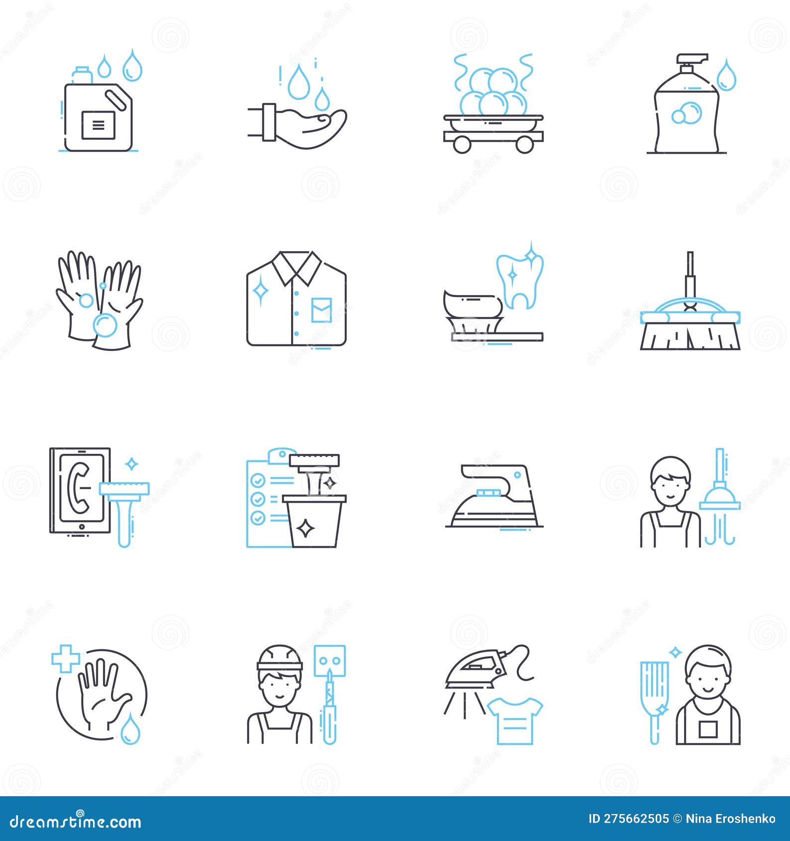 sweeping service linear icons set. clean, tidy, sweep, mop, dust, scrub, debris line  and concept signs. broom