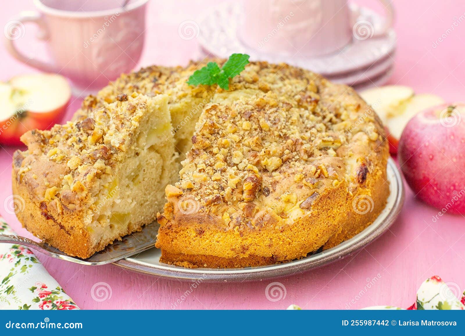 Sweet Apple Cake with Walnut Topping for Tea Stock Photo Image of