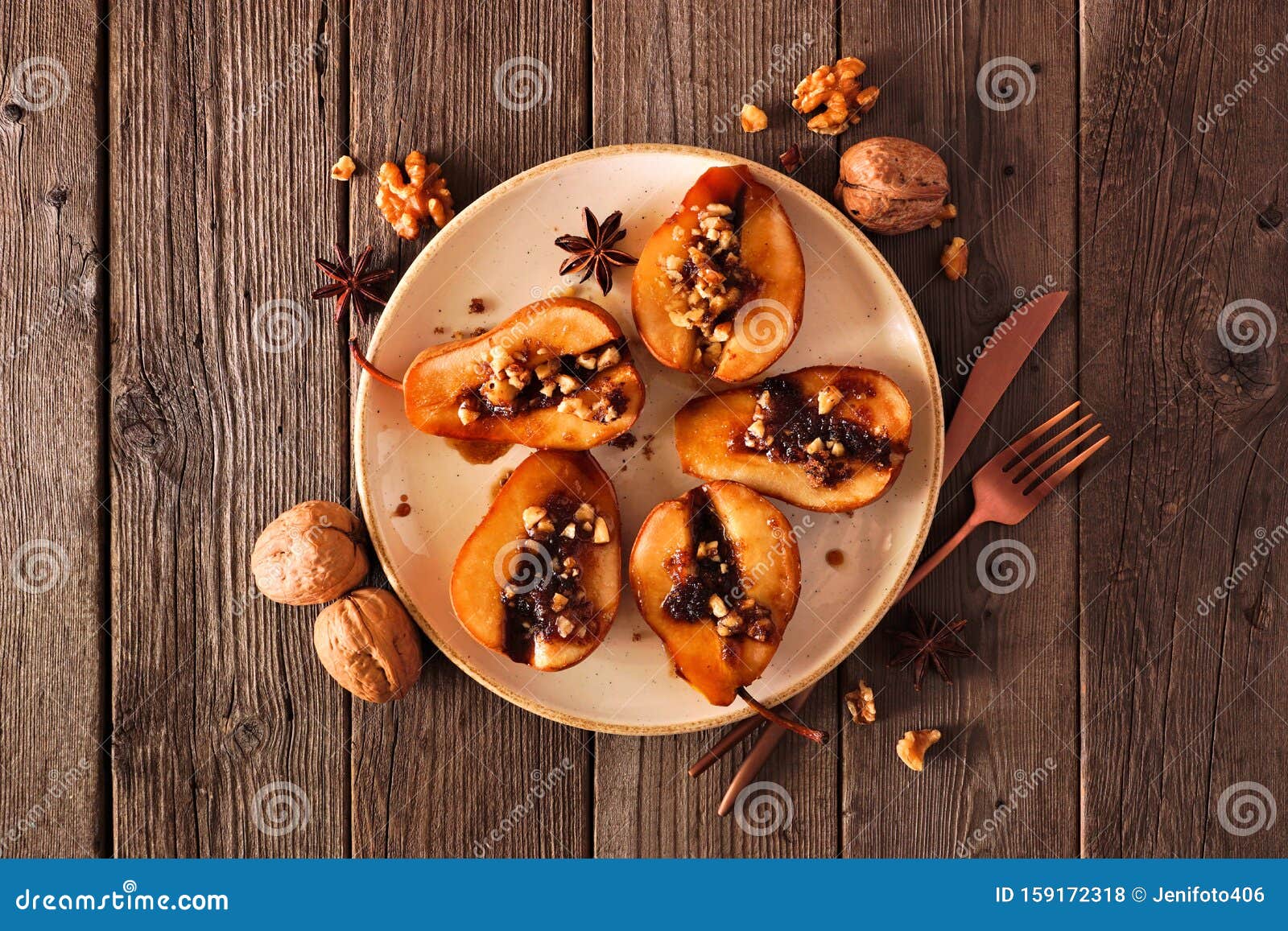 Sweet Baked Autumn Pears, Top View Over Rustic Wood with Frame of ...