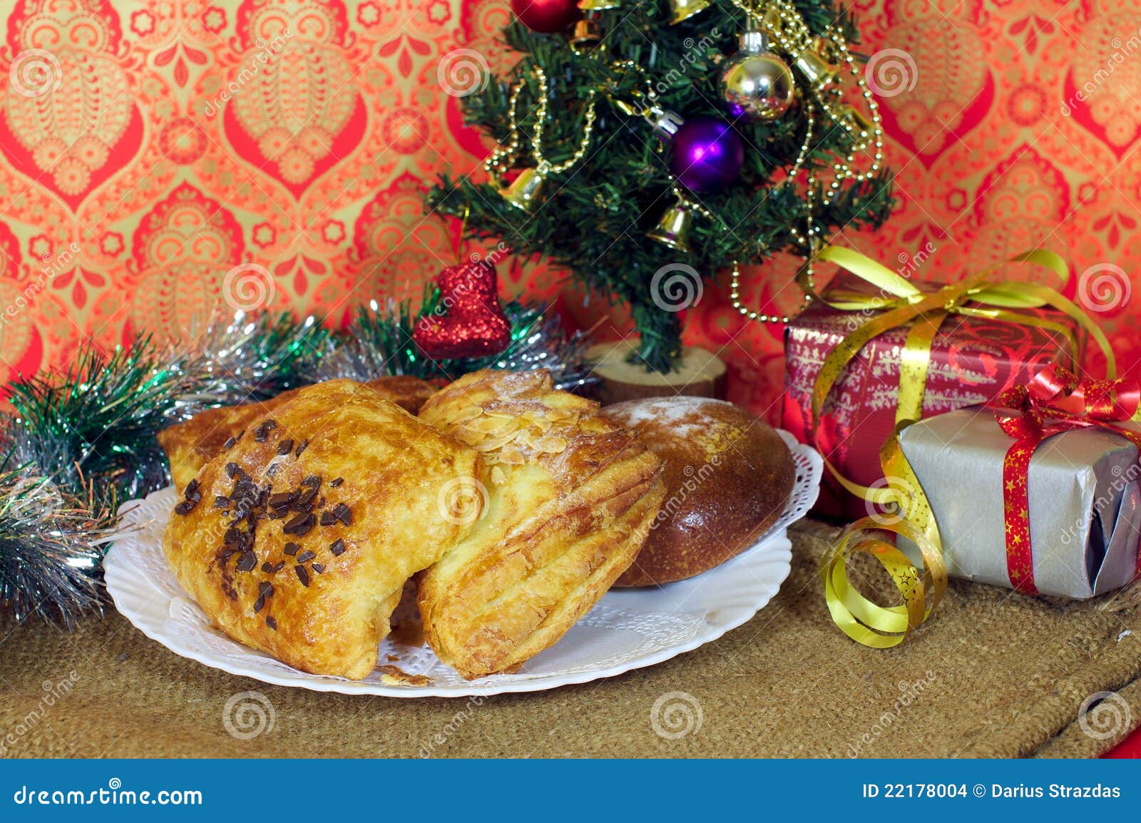 Sweet Bakery for Christmas Gift and Decorated Tree Stock Photo Image