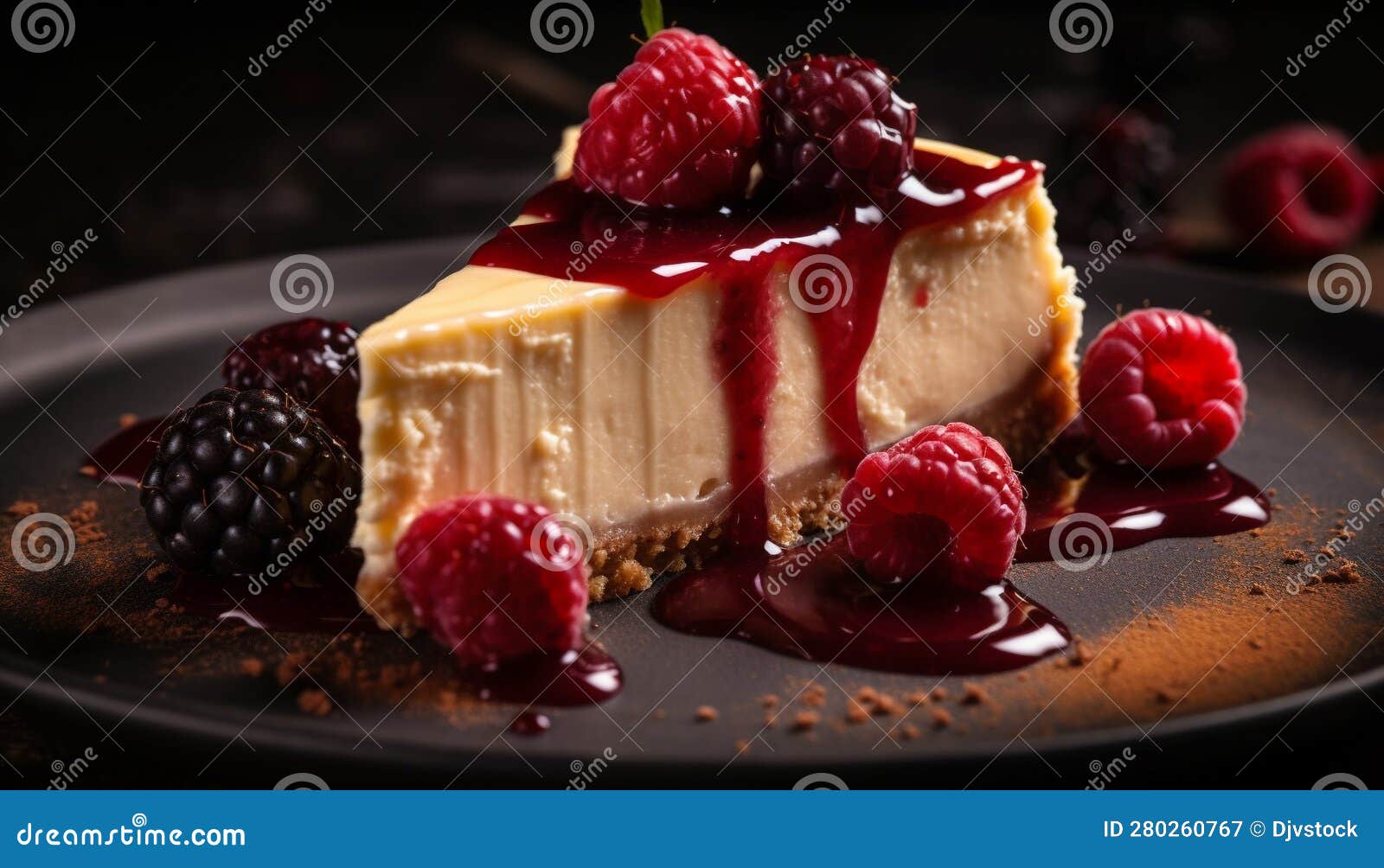 Sweet Berry Cheesecake Slice with Raspberry and Blueberry Sauce
