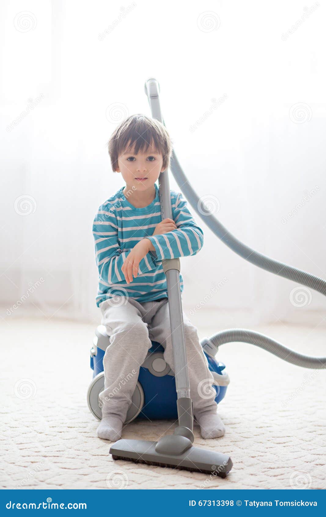 Sweet Boy, Playing with Vacuum Cleaner at Home Stock Photo - Image of ...