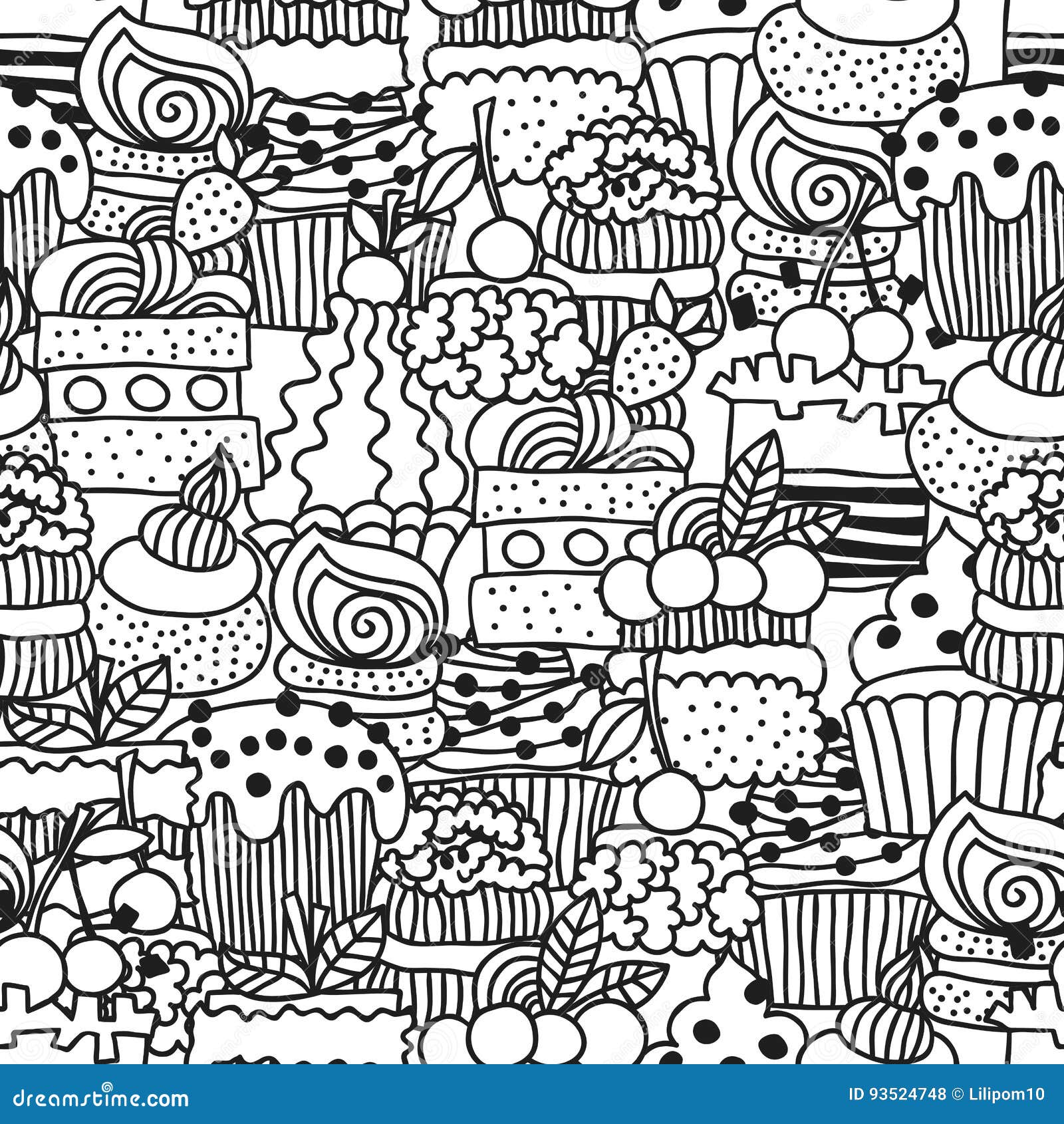 Download Sweet Cakes, Cupcakes. Black And White Seamless Pattern With Dessert For Coloring Books. Doodle ...