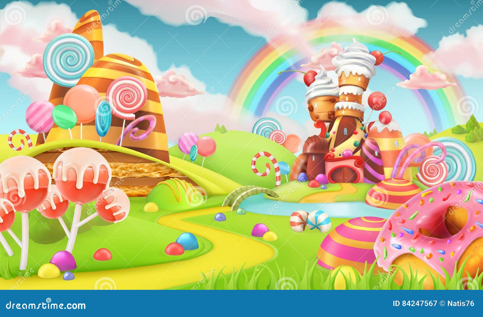 sweet candy land. cartoon game background. 3d 