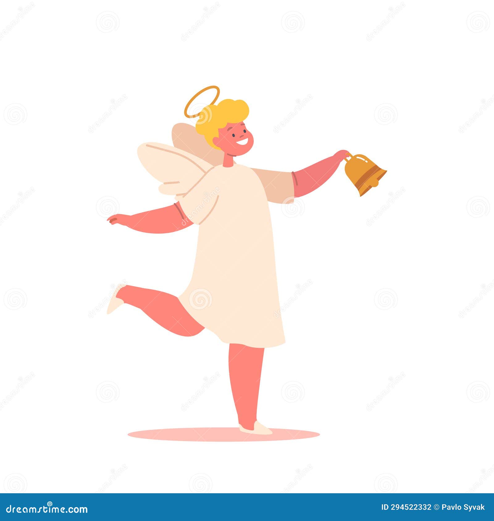 sweet, cherubic angel with rosy cheeks, halo and a gentle smile, ringing a golden bell. cute kawaii character spread joy
