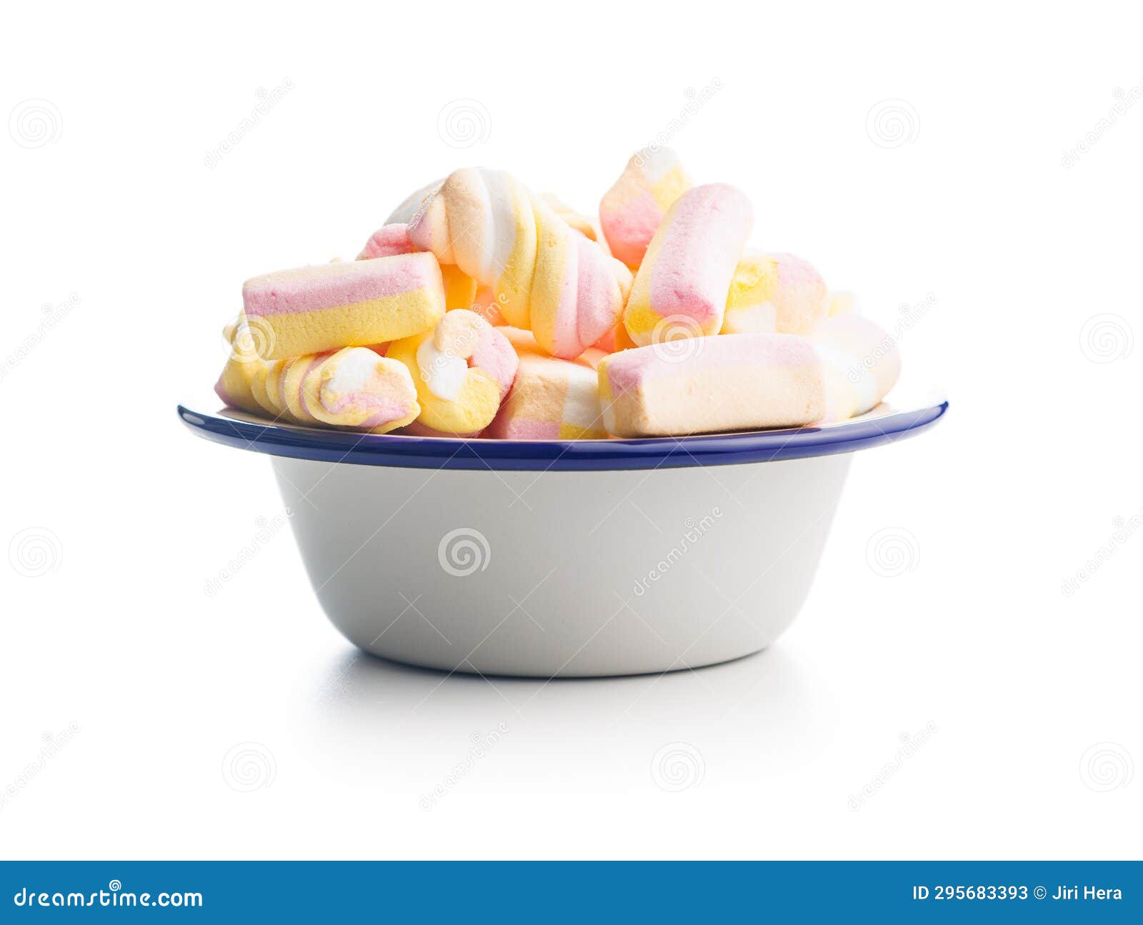 Sweet Colorful Marshmallows in Bowl Isolated on White Background Stock