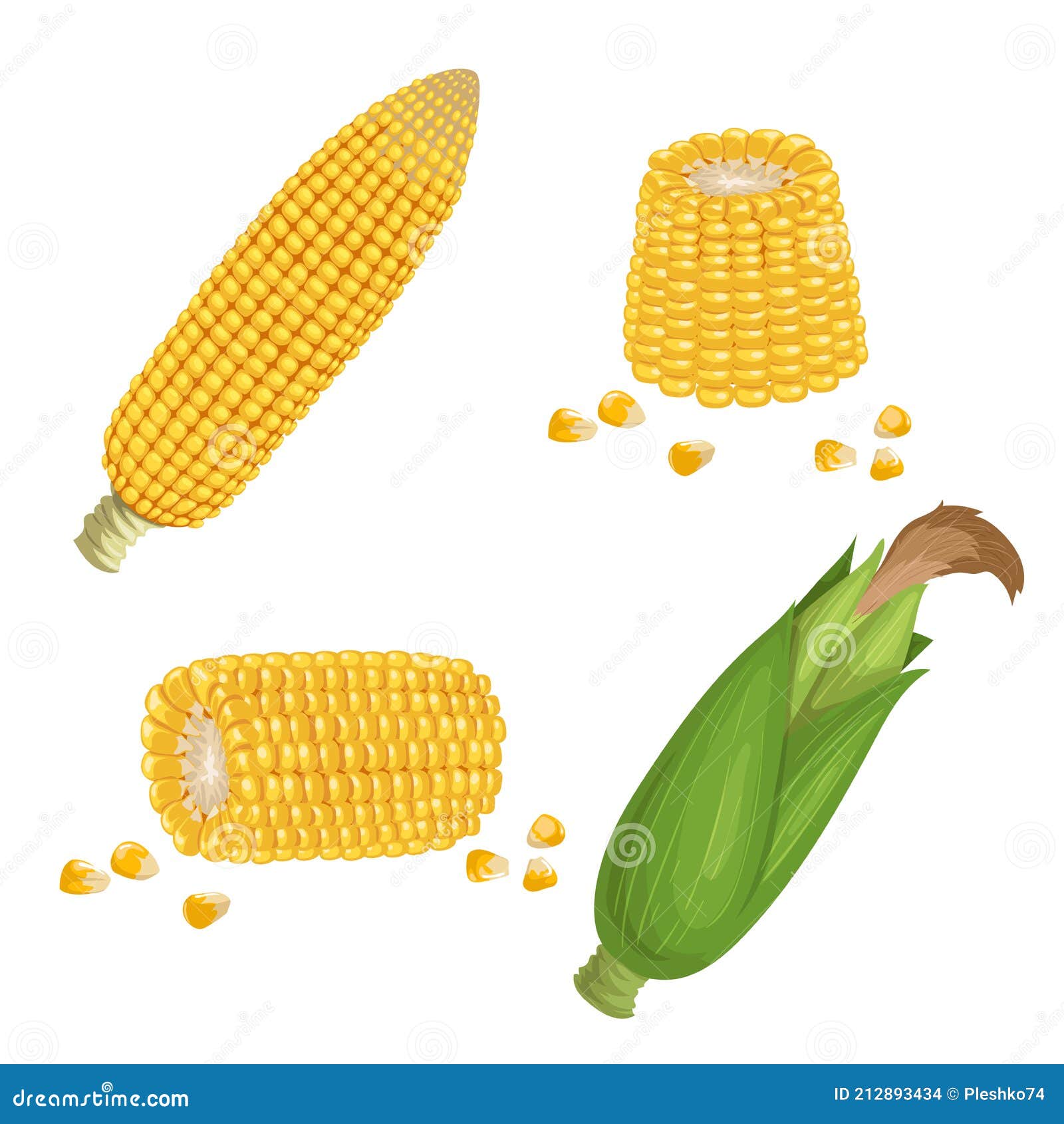 Sweet Corn Set. Cartoon Style. Corn Cobs, Cuts of Corn and Seeds ...