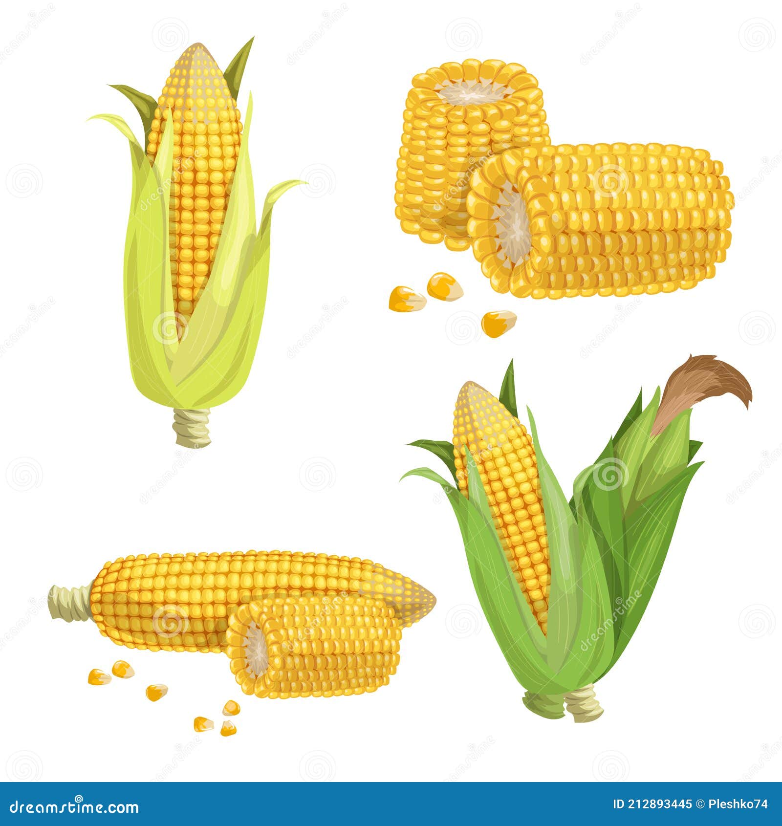 Sweet Corn Set. Cartoon Style. Corn Cobs, Cuts of Corn and Seeds ...