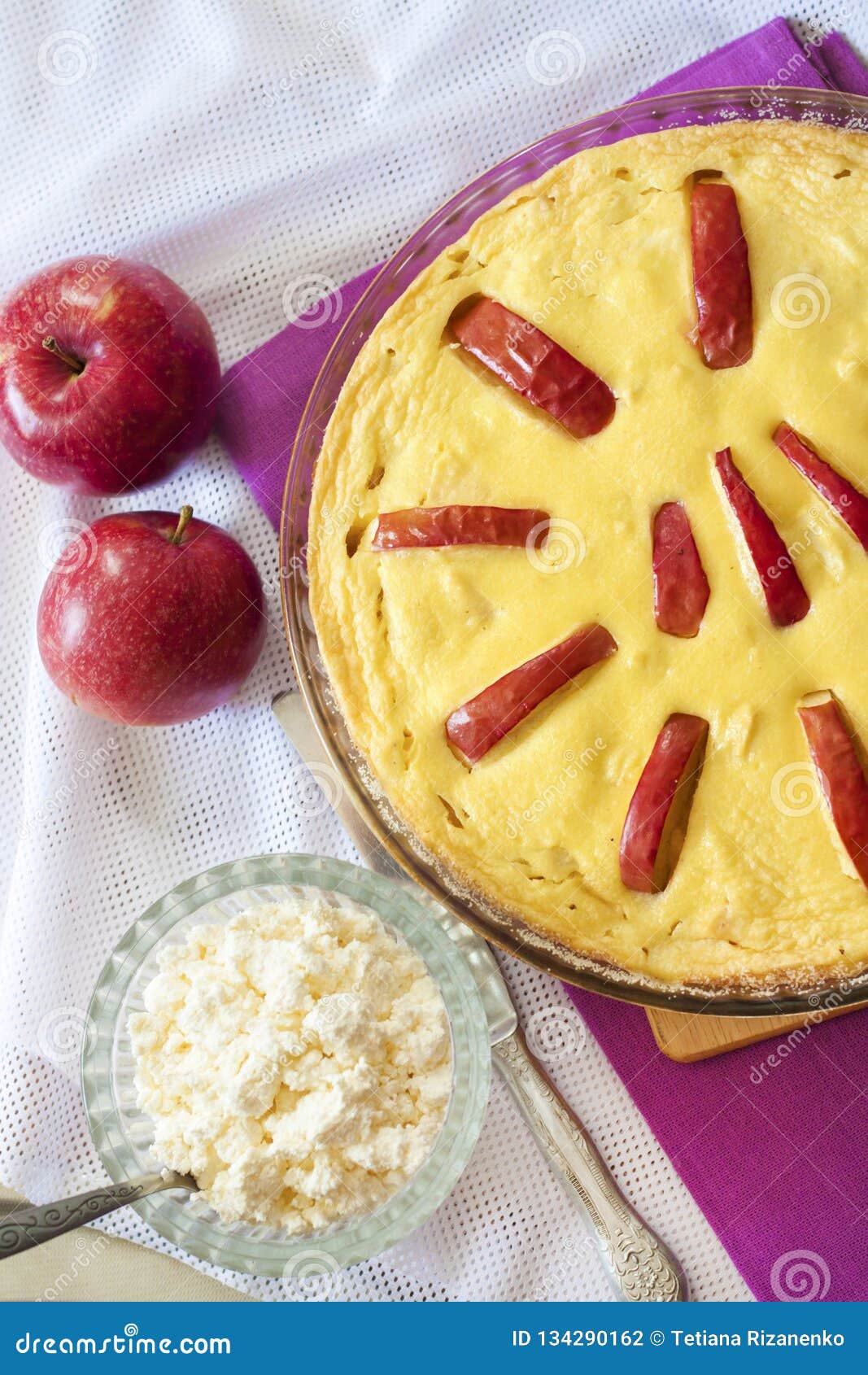 Sweet Cottage Cheese Casserole with Apples and Freerange Eggs Stock