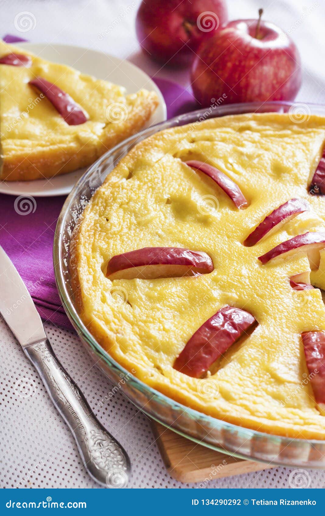 Sweet Cottage Cheese Casserole with Apples and Freerange Eggs Stock