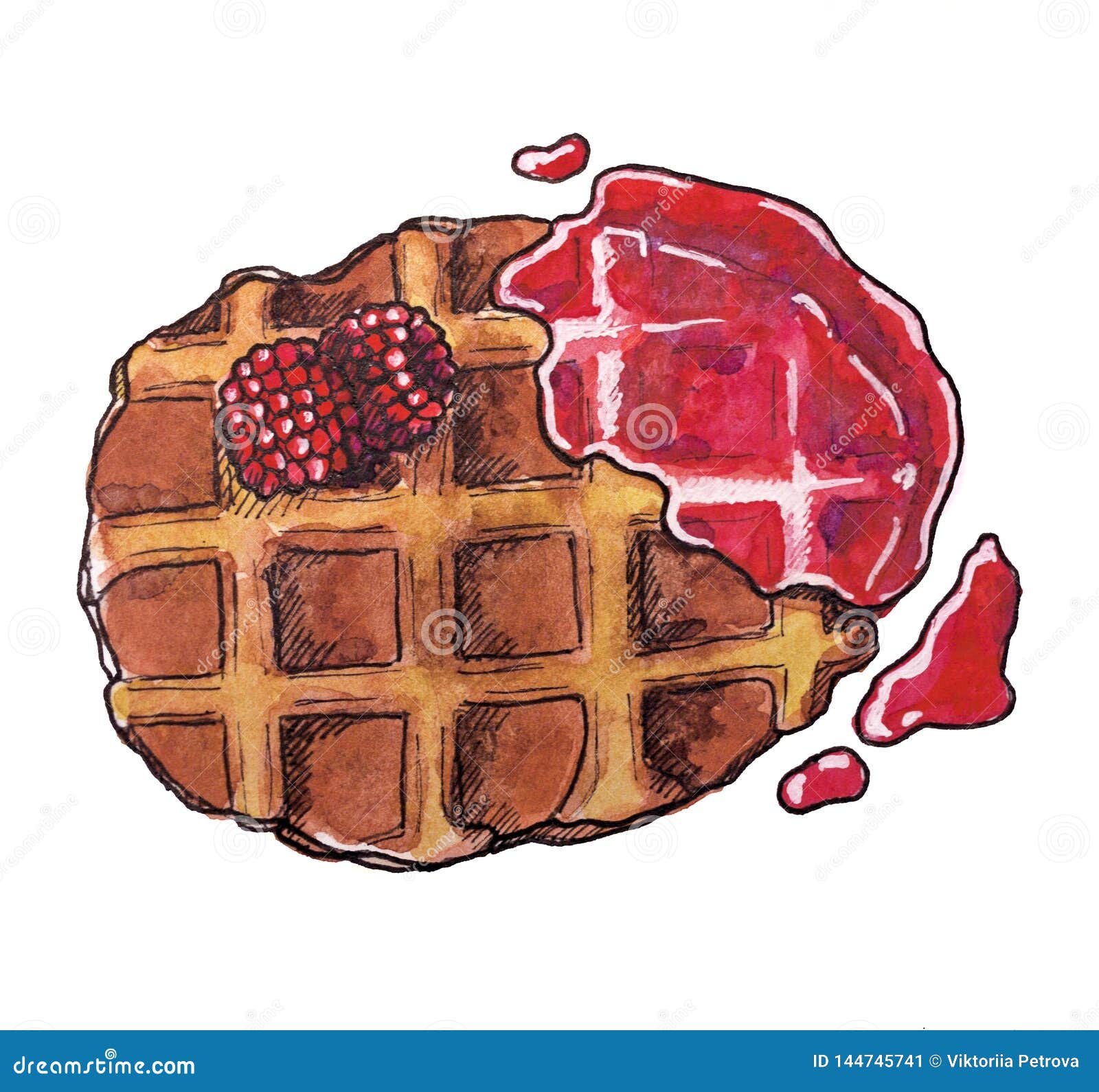 Sweet Dessert Belgian Waffle With Raspberry Jam Hand Drawn Watercolor Stock Illustration Illustration Of Bakery Calories