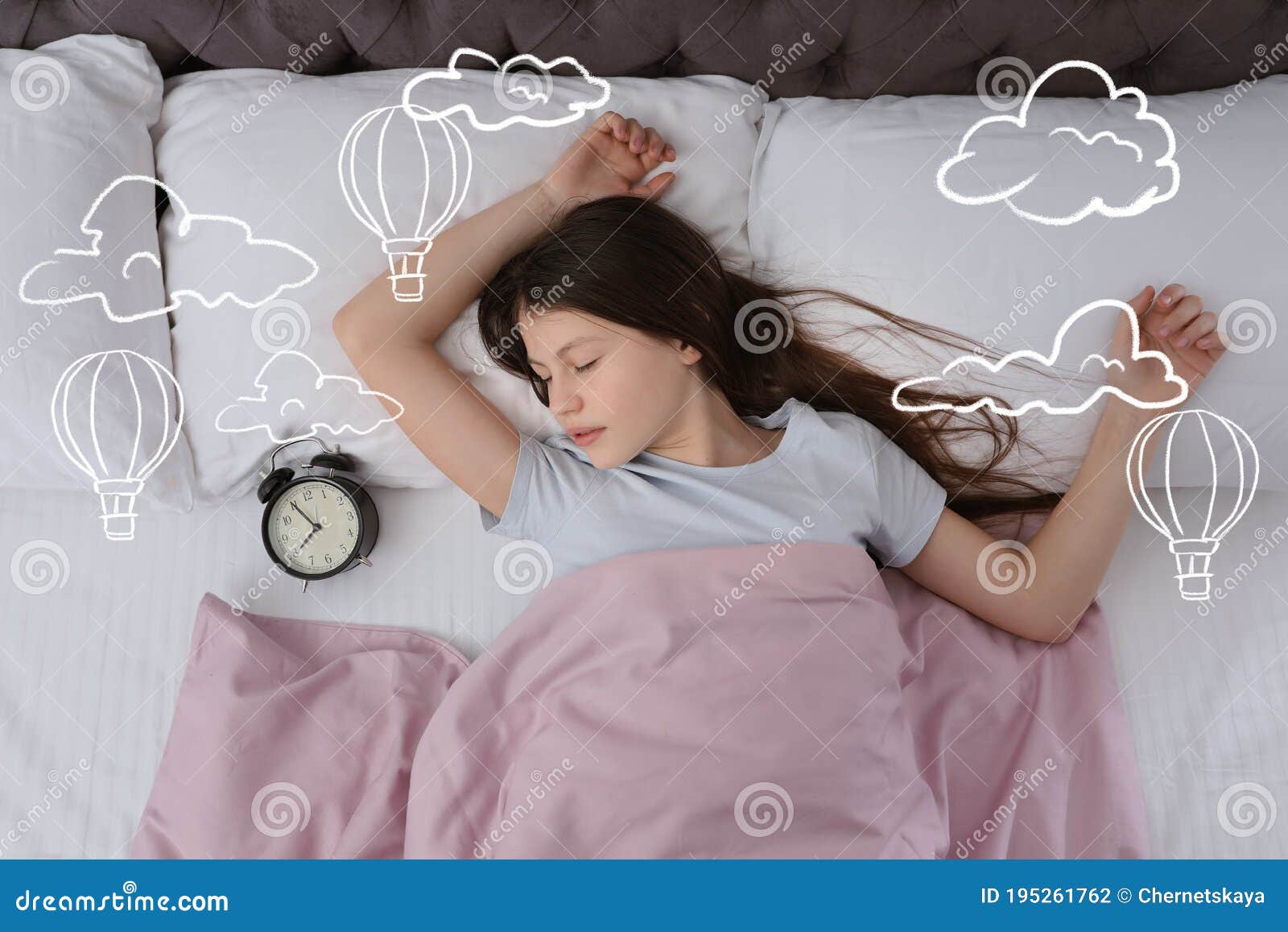 Sweet Dreams Cute Girl Sleeping Hot Air Balloons And Clouds