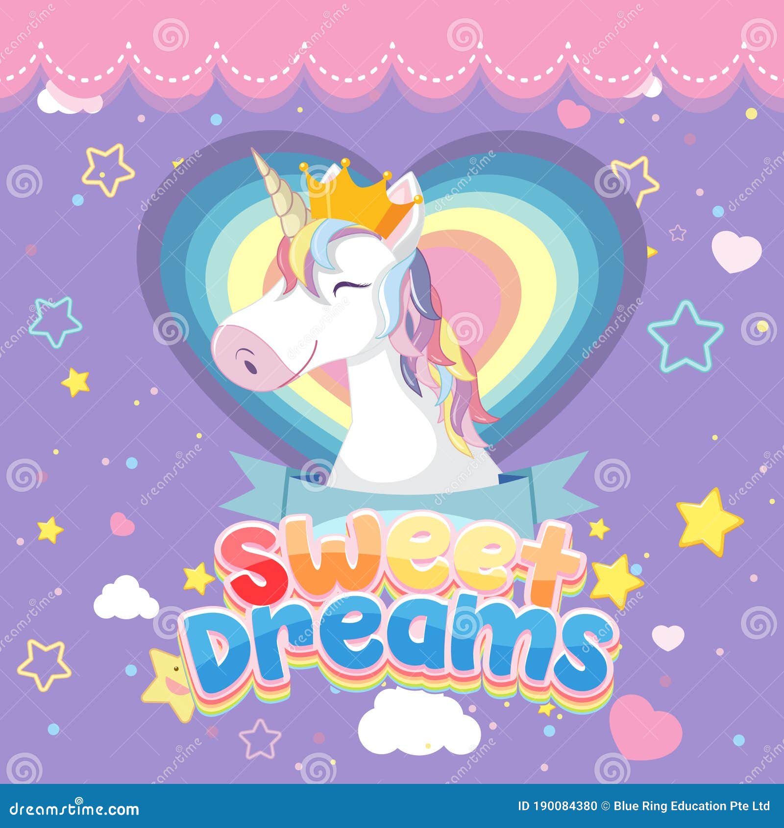 Sweet Dreams Logo with Cute Unicorn Head on Purple Background Stock
