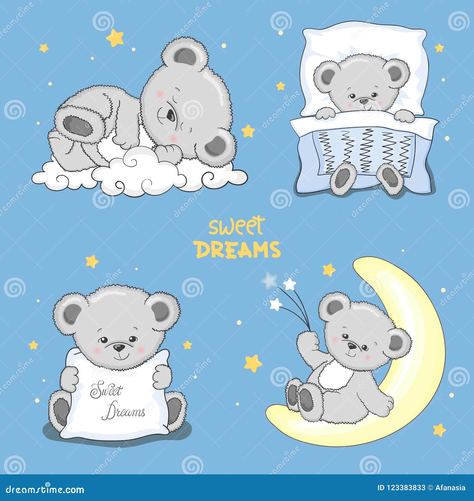Sweet Dreams Set With Cute Sleeping Teddy Bears Stock Vector