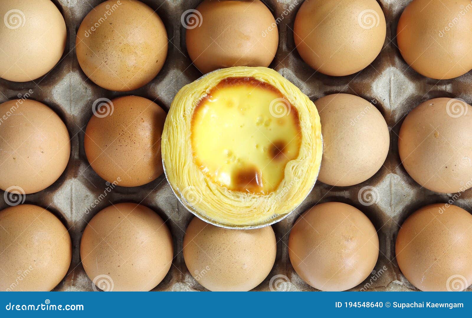 Sweet Egg Tart Background with a Mixture of Chicken Eggs Stock Photo