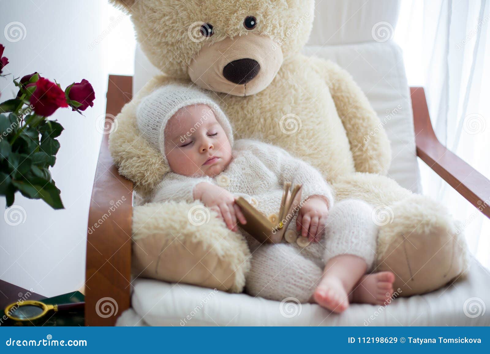 Sweet Little Baby Boy Sleeping With Huge Teddy Bear In Big Armchair Stock Image Image Of Baby Gift