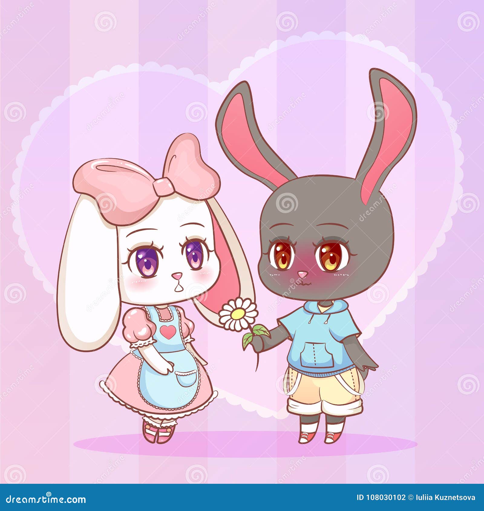 Sweet Little Cute Kawaii Anime Cartoon Puppy Bunny Rabbit Boy and Girl with  Flower Chamomile Shape of a Heart. Card for Valentine Stock Illustration -  Illustration of cartoon, card: 108030102