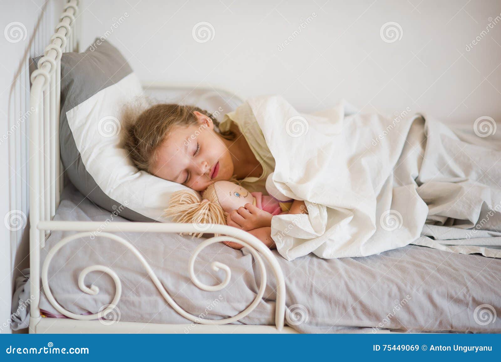 Sweet Little Girl Asleep in Her Bed. Stock Image - Image of dream ...