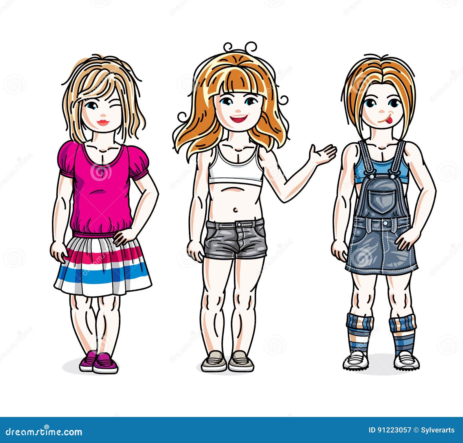 Sweet Little Girls Standing Wearing Casual Clothes. Vector Kids Stock ...