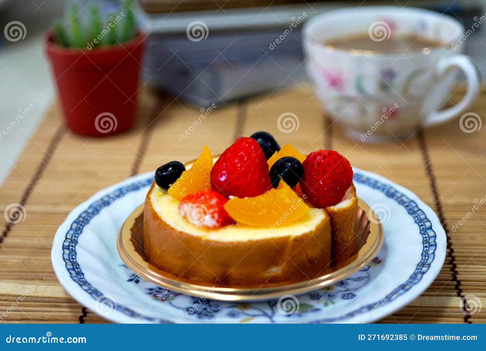 Sweet Mixed Fruit Roll Cake on a Plate with Hot Coffee Stock Image Image of culinary, dessert