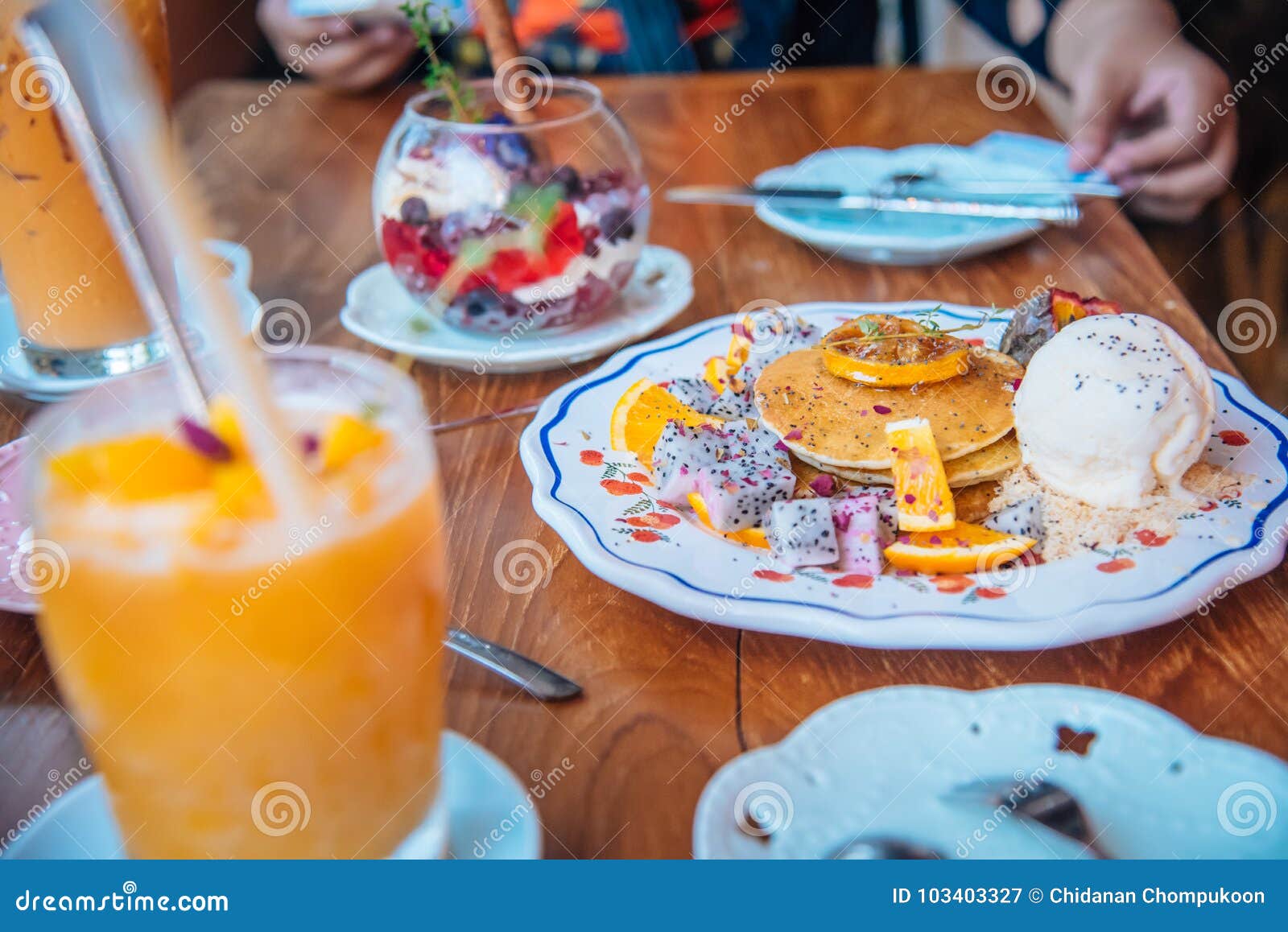 Sweet Pancakes with Honey and Vanilla Ice Cream Fruit with Orange Focus ...