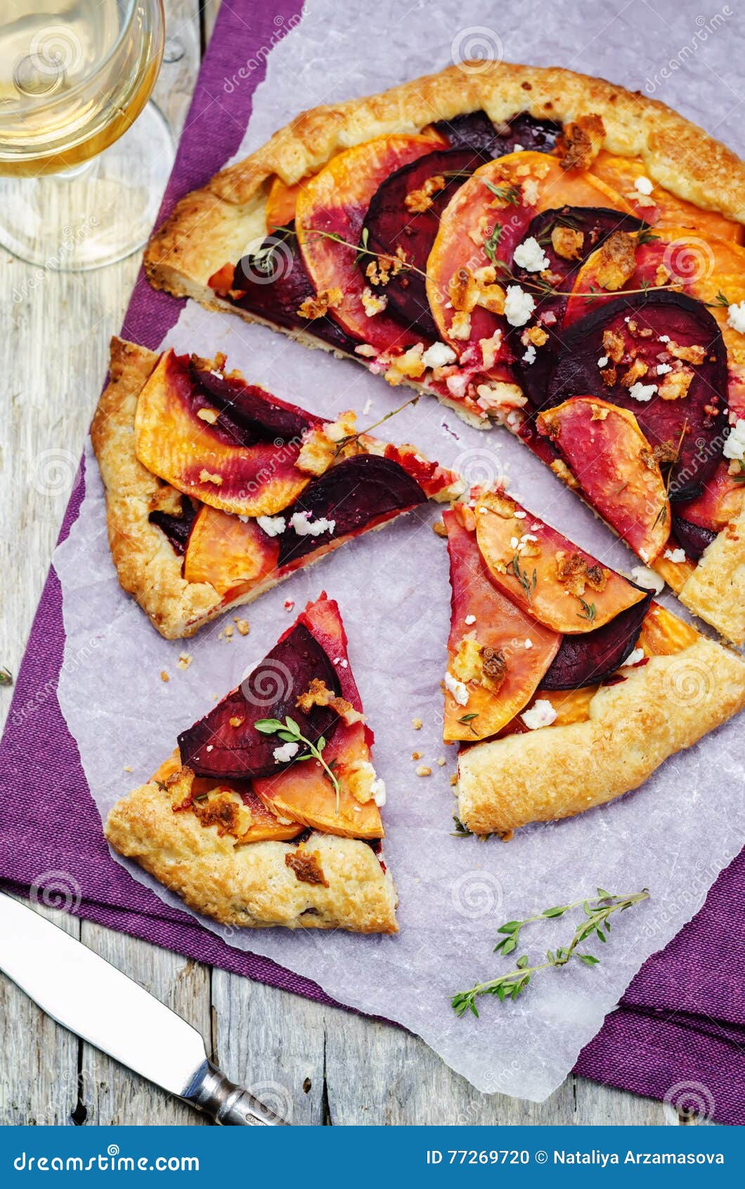 Sweet Potato Beets Galette with Goat Cheese and Thyme Stock Photo