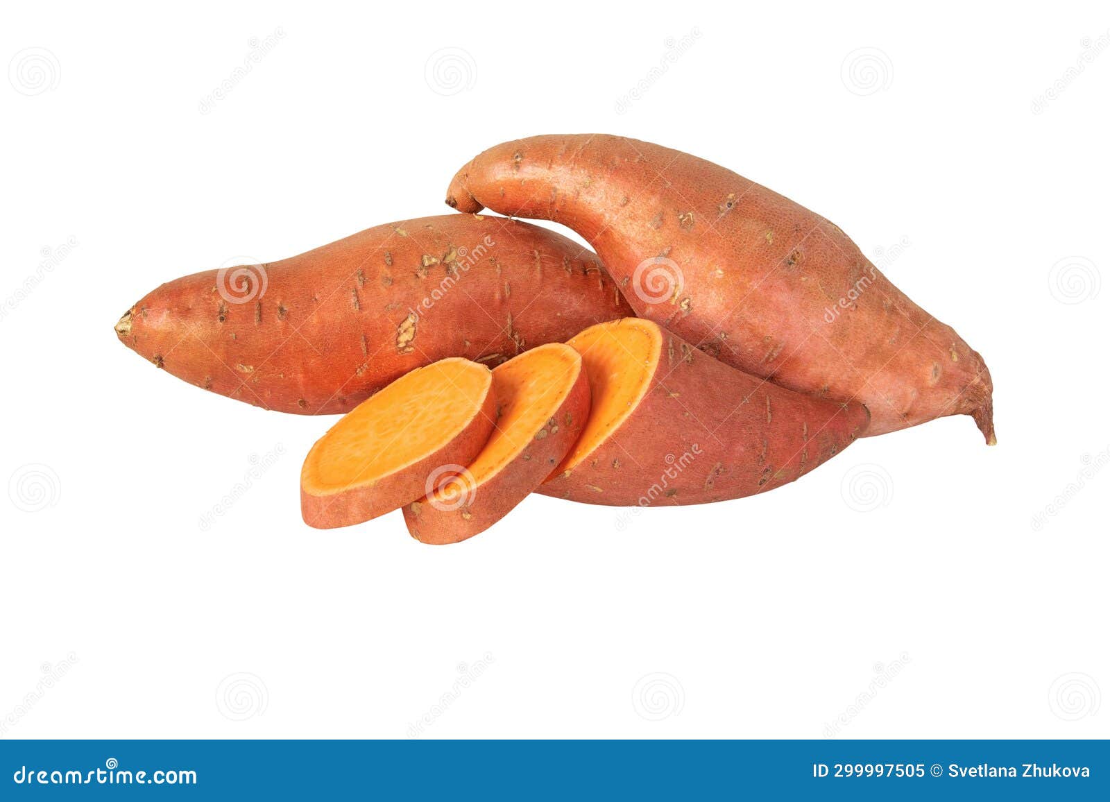 sweet potato or boniato two whole and one sliced tubes  on white. transparent png additional format