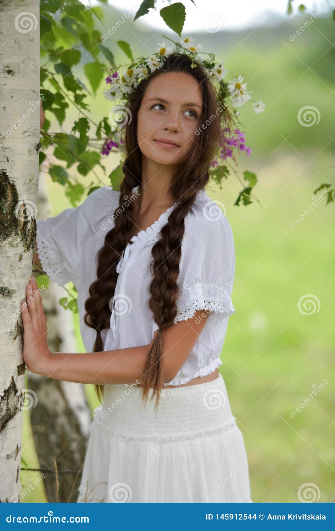 Sweet Russian Girl Girl in a White Birch in the Summer, with a Wreath ...