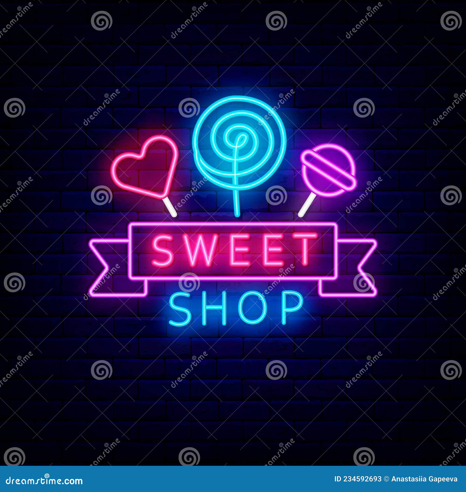 Sweet Shop Neon Sign with Candy. Retro Logo with Ribbon. Night Bright ...