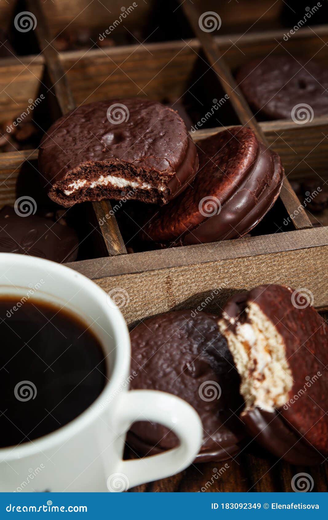 Sweet Snack with Coffee. White Cup of Coffee and Halfeaten Choco Pie Stock Image Image of
